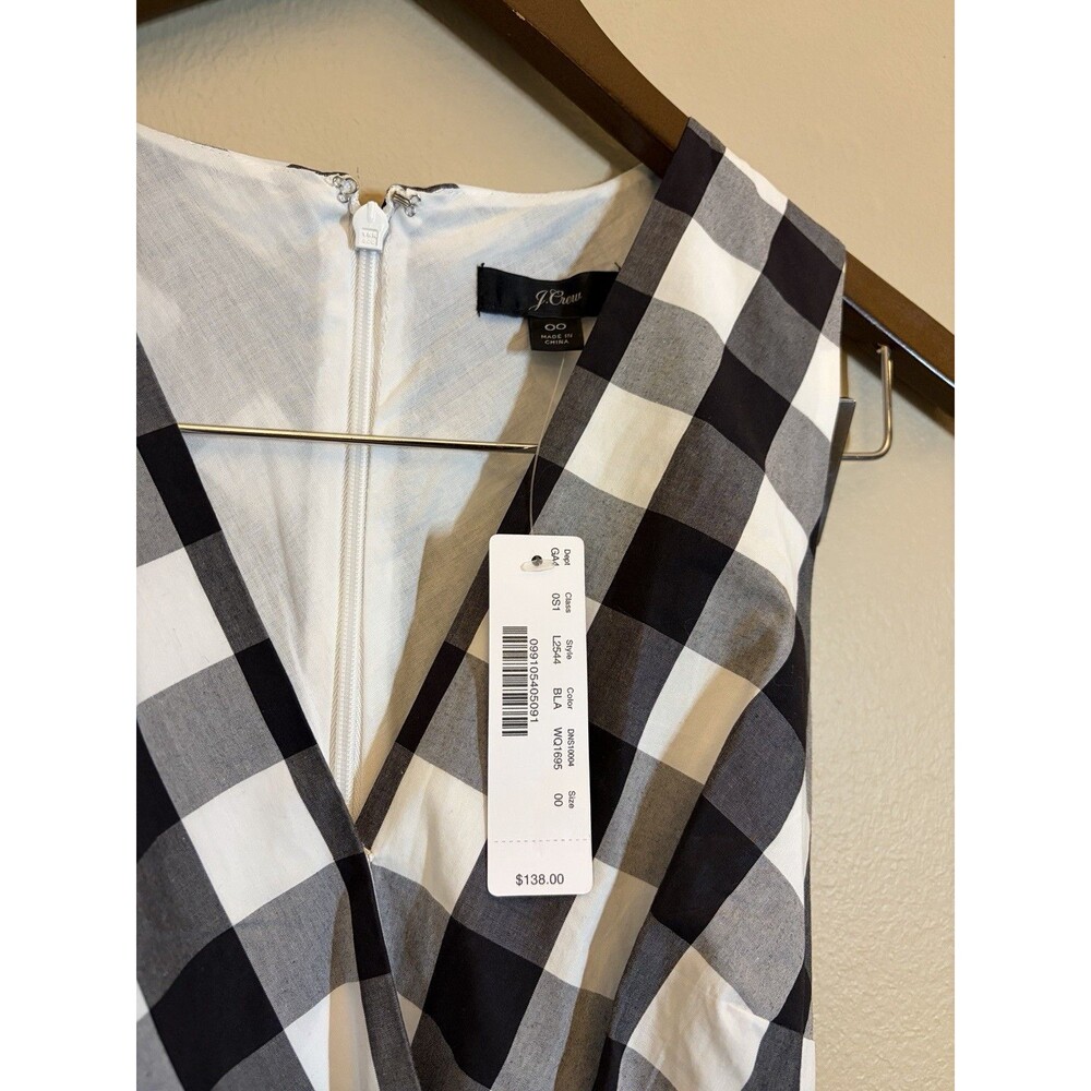 J.Crew Gingham Faux-Wrap Cotton Poplin Midi Dress 00 NWT Black & White Classic - Picture 2 of 11